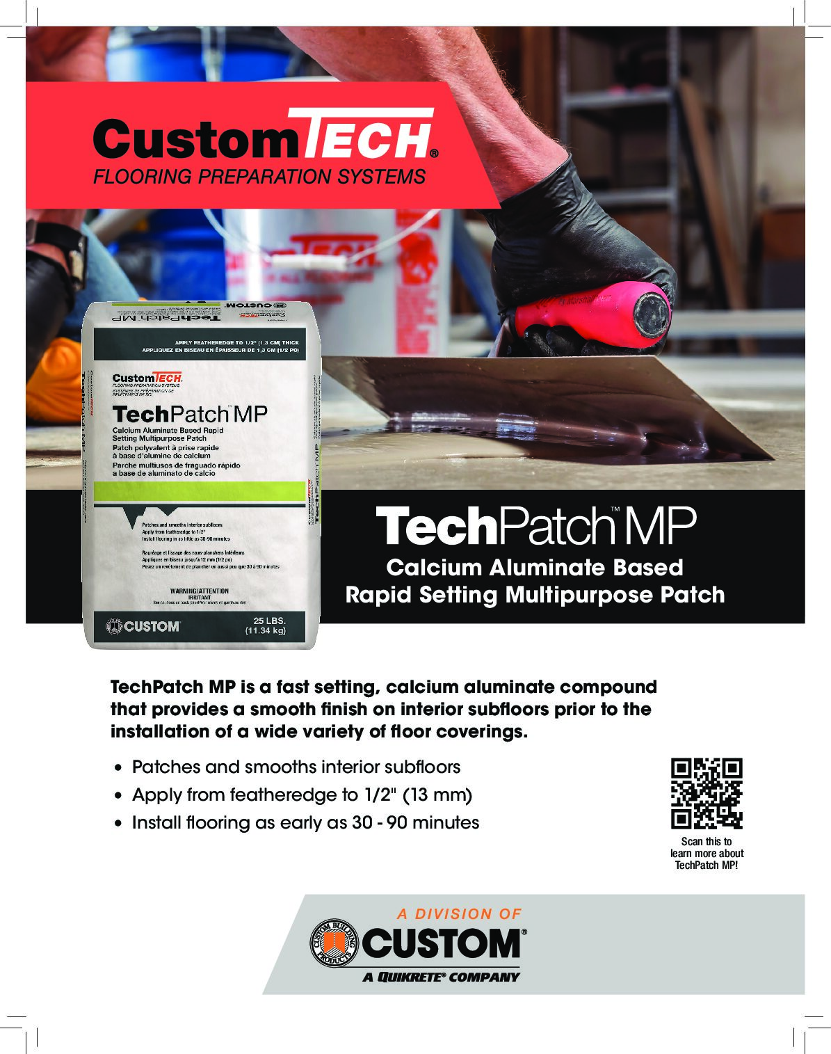 CustomTech® TechPatch™ MP Multipurpose Rapid Setting Skim Coat & Floor Patch Sell Sheet